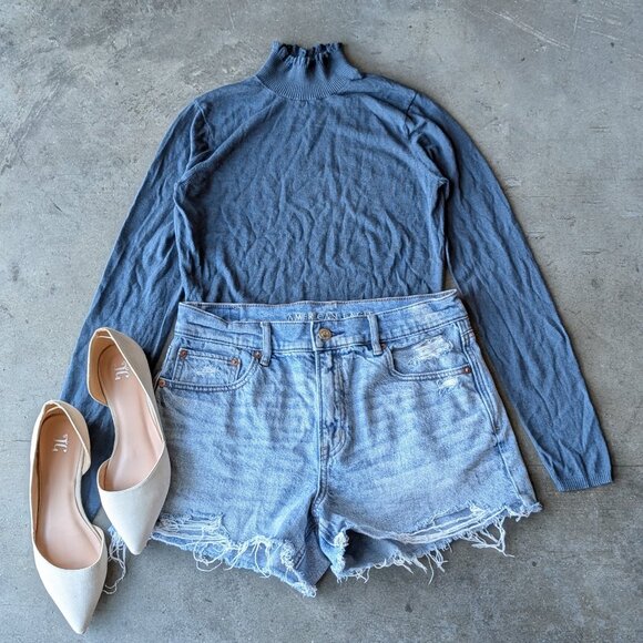 Tahari Blue Ruffle Mock Neck Silk Cashmere Knit Top small - Picture 1 of 9